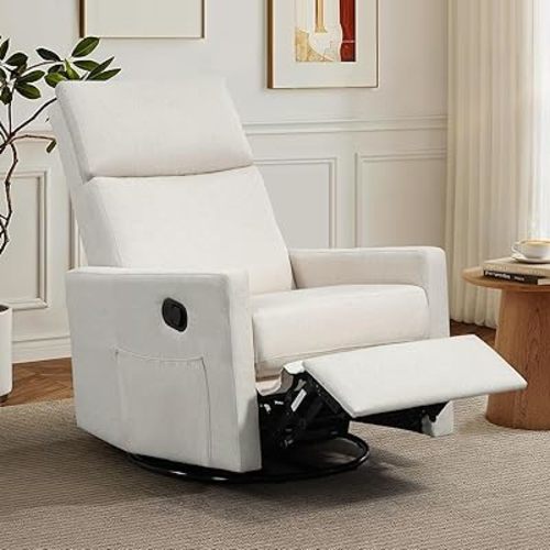 Swivel Rocker Recliner Chair, Upholstered Fabric Nursery Rocking Glider Chair with Adjustable Backrest and Footrest, Lay Flat Recliner Single Lazy Sofa for Living Room(Beige)
