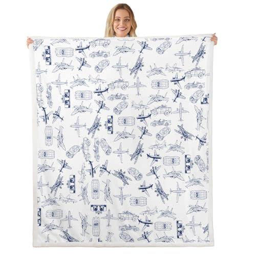 Aircraft Sherpa Blanket Airplane Print Fleece Throw Blanket Decor Aircraft Flying Plush Blanket Microfiber Sketch Style Blue White Fuzzy Blanket Bedroom Throw 50"x60"