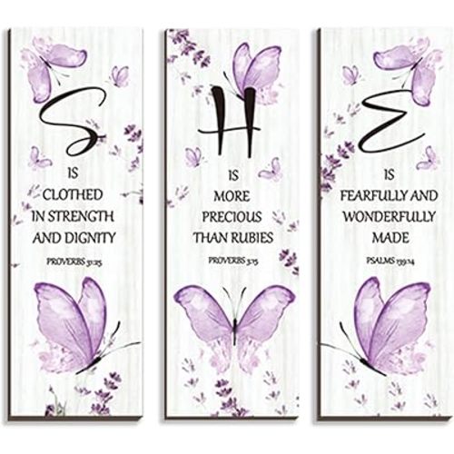 DONFENTHY 3 Pcs Butterfly Wall Decor Purple Room Wall Art Wooden Hanging Butterfly Decor with Bible Word Sign for Teen Girls Women Bathroom Bedroom(Purple,12x4 Inch)