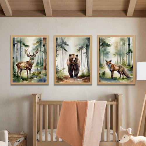 Nature's Charm Woodland Animal Prints (Set of 3) - Realistic Watercolor Forest Nursery Decor - Deer Bear Fox Prints - Unisex Nursery Decor