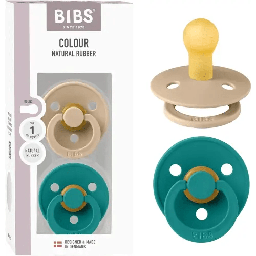 BIBS Colour Pacifier 2-Pack, BPA Free Binky Pacifier, Round Nipple. Natural Rubber Latex, Made in Denmark, Size 1 (0-6 Months), Taupe/Scuba