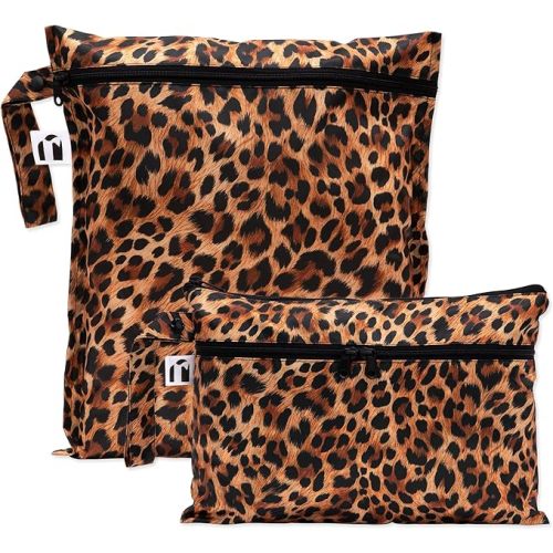 Bumkins Roamio Waterproof Wet Bag & Wet/Dry Clutch Set – Reusable Travel Organizers for Swim, Beach, Gym, Baby Gear, Cloth Diapers, Pump Parts, Pool, Toiletries – Machine Washable, Leopard 2-Pack