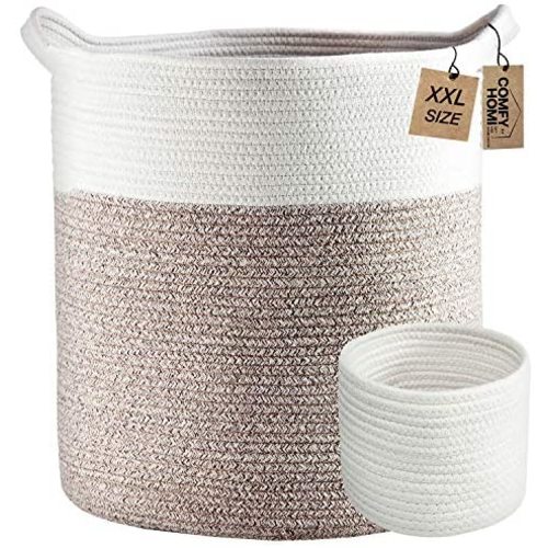 Laundry Basket 2pc by COMFY-HOMI Large Basket 18"X16" Tall Woven Cotton rope Basket with Handles Decorative Basket for Blankets Round Storage Basket for living room,Clothes,Pillows,Towels(White Brown)