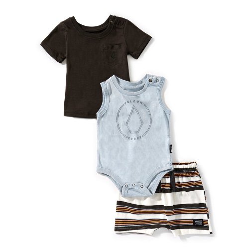 Volcom Baby Boys Newborn-9 Months Graphic Tank Bodysuit, Solid T-Shirt, & Stripe Shorts 3-Piece Set