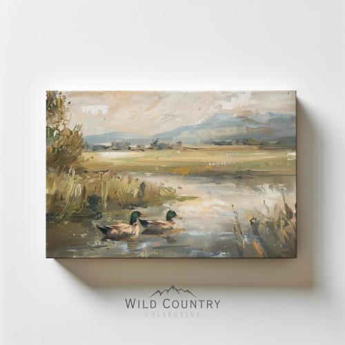 Mallard Duck Pond Matte Canvas, Ready to Hang Wall Decor, Vintage Duck Oil Painting Print on Canvas, Woodland Nursery Wall Art
