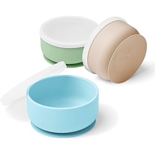 | Silicone baby bowls with suction | toddler bowls | baby bowls with lids | blue green and beige