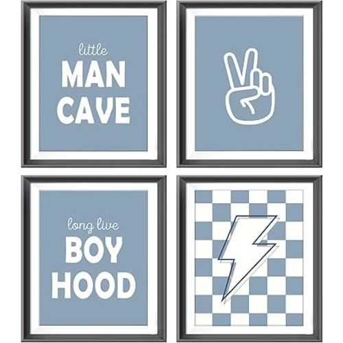 Little Man Cave Retro Preppy Checkered Lightning Peace Sign Long Live Boyhood Poster Prints for Boy Teen Room Dorm Decor,Preppy Decorations Prints Wall Art Unframed 4pcs 8x10inches,Teen Boys Gifts