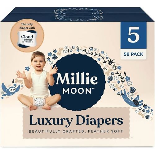 Millie Moon Luxury Diapers, CloudTouch Softness, 12-Hour Leak Protection, Hypoallergenic for Sensitive Skin (1-100ct)