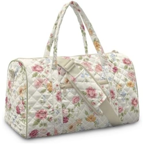 Pink Floral Quilted Duffle Bag for Women Portable Weekender Duffle Bags Zippered Airplane Bags Garment Duffle with Compartments Large Capacity