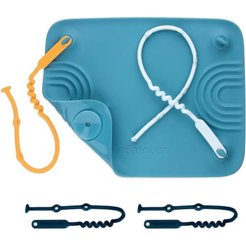 NumNum Silicone Placemat w/Pincer Grasp Grooves for Toddlers, Baby, & Kids - 4 Attachable Tethers & Built-in Suction Cups - Easy to Clean - Non-Slip for High Top & Dining Table w/Travel Bag - Blue