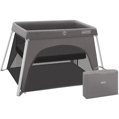 HARPPA Travel Crib with Comfy Mattress, Lightweight Portable Crib Requires No Assembly, Foldable Pack and Play for Baby and Toddlers, Compact Play Yard with Bed (Gray)