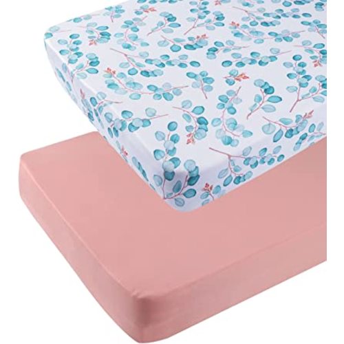 Pack n Play Sheets 2 Pack for Baby Girl, Stretchy Jersey Knitted Playard Fitted Sheets Portable Mini Crib Mattress Cover, Watercolor Green Leaf and Plain Pink