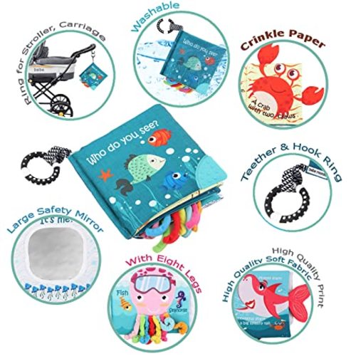 Baby Books Toys, Touch and Feel Cloth Crinkle Books for Babies, Infant Toys 0-6-12-18 Months,Early Learning Education Toys,Shower Baby Gifts for Boys Girls,Teething Mirror Toy- Fish, Shark Ocean Book