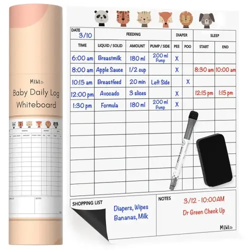 Mewl Baby Daily Log Whiteboard - Reusable Baby Tracker to Log Feeding, Diapers & Sleep - Newborn Baby Journal & Schedule Chart for New Parents, Nanny, Babysitter - Pregnancy & New Mom Gift