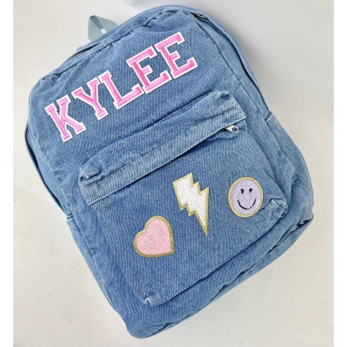 Personalized Custom Jean Denim Name Backpack chenille, letter, baby, toddler, kids, boy, pink, back to school, new birthday gift