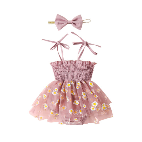 VOLTEY Toddler Baby Girls Summer Romper Clothes Set, Infant Girls Spaghetti Straps Pleated Flower Print Tulle Patchwork A-line Dress with Bowknot Headband,0-18 Months