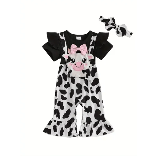 baby girl spring outfits short sleeve round neck cow - Temu