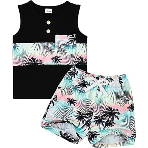 Baby Clothes Toddler Boy Summer Tropical Beach Outfits Sleeveless Tank Tops & Pocket Pant set 12 Months-4 Years old