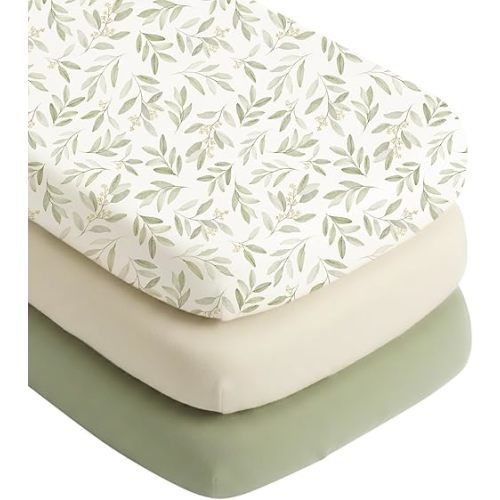 Konssy Silky Soft Bassinet Sheets 3 Pack, Ultra-Stretchy Bassinet Mattress Sheets 33"x 21" for Baby Girl Boy, Compatible with Baby Delight, Dream On Me, AMKE and Other Rectangle Mattress (Green Leaf)