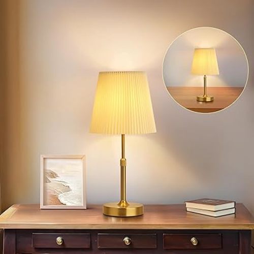 Portable Rechargeable Cordless Table Lamp, Touch Dimmable Battery Operated Lamp, Height Adjustable Bedside Lamp, Ambient Light for Kitchen, Patio, Restaurant, Antique Brass, Pleated