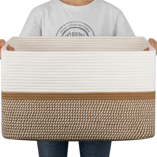 OIAHOMY Large Blanket Basket, 22”x17”x12” Rectangle Woven Baskets, Nursery Blanket Storage Living Room, Toy Storage With Handle, Large Baskets for Organizing-Yellow/White