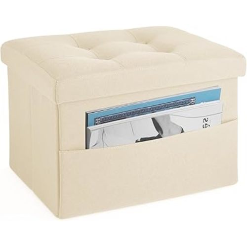LINMAGCO Storage Ottoman Folding Foot Stool Ottoman Foot Rest with Side Pocket Modern Ottoman with Storage Short Sofa Stool Linen Cloth 17x13x13(Beige)