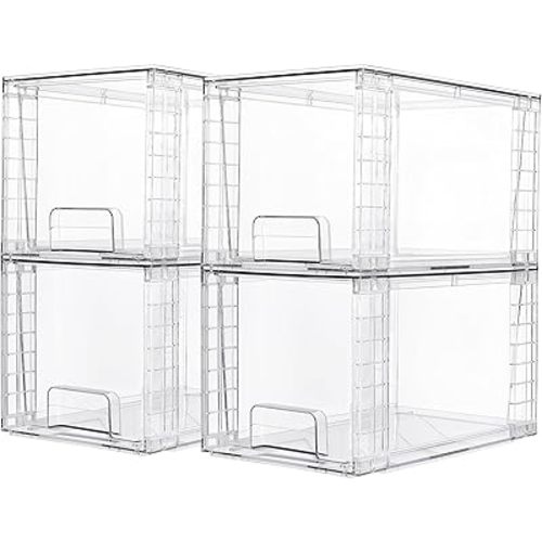 Vtopmart 4 Pack Large Stackable Storage Drawers,Easily Assemble Acrylic Bathroom Closet Undersink Organizers and Storage,Plastic Bins for Kitchen Cabinets,Pantry,Makeup,Medicine Organization