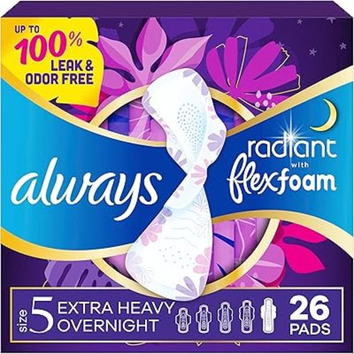 Always Radiant Feminine Pads for Women, Flexfoam Pads with Wings, Size 5, Extra Heavy Overnight Absorbency, Lightly Scented, 26 Count