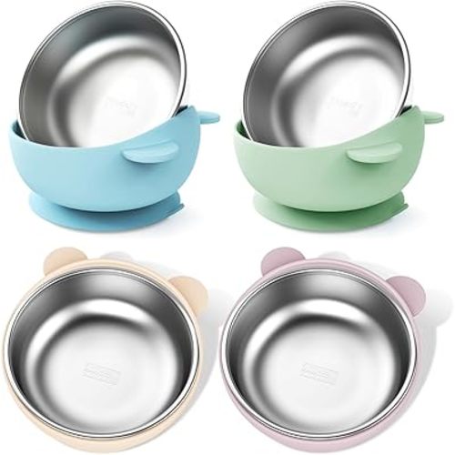 Stainless Steel Baby Bowls with Suction, 2-in-1 Toddlers Bowl & Removable Silicone Suction Kids Bowl, Non Toxic Snack Container for Baby Food Feeding, Soft Blue/Sage/Lavender/Cream Set of 4
