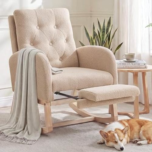 NIOIIKIT Modern Nursery Rocking Chair with Footrest, Teddy Upholstered Recliner Glider Chair with Diamond Shape Back, Tufted Rocking Chair with Side Pocket, Cozy Rocker Reading Chair (Brown Teddy)