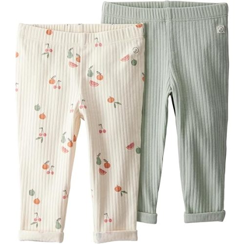 little planet by carter's Baby 2-Pack Textured Pants Made with Organic Cotton, Mint, Fruit Print, NB