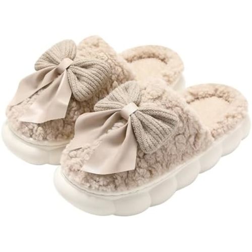 Plush Cute Bow Slippers for Women – Furry Comfy Indoor Outdoor Non-Slip House Slippers