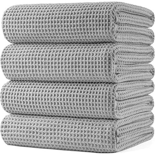 POLYTE 430 GSM Microfiber Oversize Quick Dry Lint Free Bath Towel, 60 x 30 in, 4 Pack (Waffle Weave)