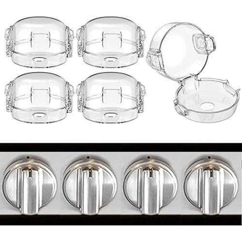 Stove Knob Safety Covers, Upgraded Press Gas Stove Knob Locks, Unlock with Adult Palm On Two Buttons, Oven Knob Covers for Child Safety, Clear, Pack of 5