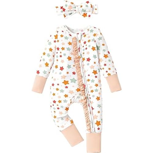 PATPAT Baby Girl Boy Footie Clothes, Bamboo Viscose, 2-Way Zipper, Fold-Over Mittens & Cuffs with Hat/Headband