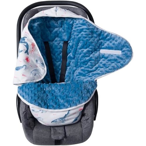 Miracle Baby Car Seat Covers, 100% Cotton Winter Minky Baby Swaddle Blanket for Boys Girls Newborn Baby Swaddle Wrap Soft Thick Baby Swaddling Blanket for Baby Seat 0-6 Months (Blue Whale)
