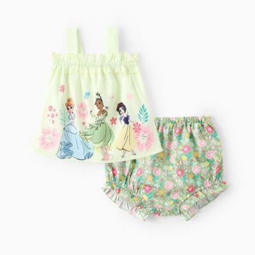 Disney Princess Baby 2pcs Ariel/Cinderella Floral Ruffled Smocked Sleeveless Top And Bloomer Shorts Outfit Set (Hot Pink, 6-9 Months)