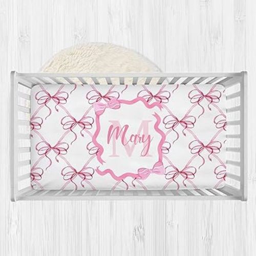 Personalized Baby Fitted Crib Sheets with Name, Custom Name Baby Crib Mattress Sheet for Girls, Pink Bow Baby Bedding Sets, Nursery Soft Infant Newborn Fits Standard Mattress Toddler Bed
