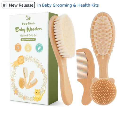 Yoofoss 4 Piece Baby Brush and Comb Set, Wooden Baby Brush with Natural Ultra Soft Goat Hair, Baby Hair Brush for Newborn, Baby Brush Set for Boy Girl