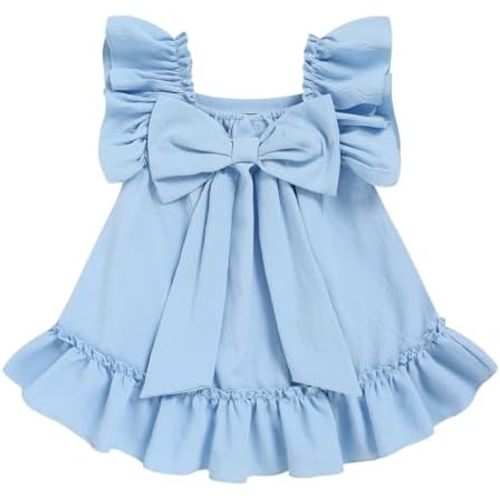 Sinhoon Toddler Girls Flutter Sleeve Casual Dress, Wrinkle-Resistant Back Bow Ruffle Hem Summer Dress