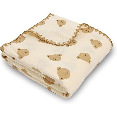 Double Layered 100% Cotton Muslin Baby Blanket Ultra-Soft 40x40 Inch Swaddling Nursery Crib Blanket(Cute Bear)