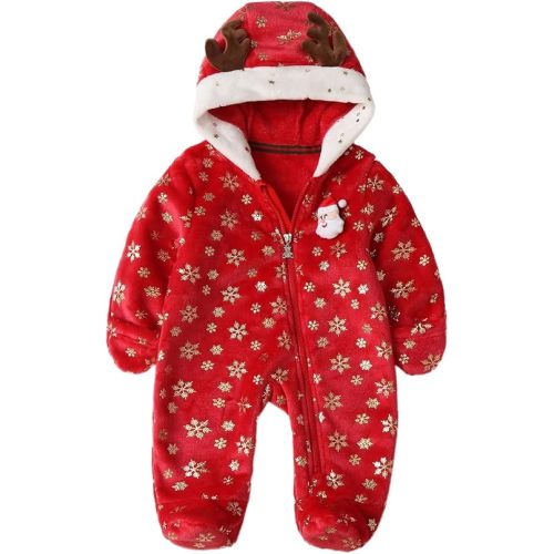 Baby Boys Girls Hooded Footies Newborn Christmas Outfit Star Sequined Zip Up Romper Bunting with Elks Antlers