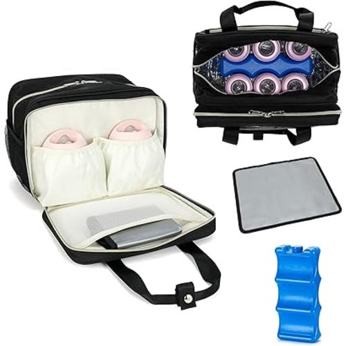 Breastmilk Cooler Bag with Ice Pack,Fits 6 Baby Bottles Up to 9 Ounce Breast Milk Cooler Travel Bag Compatible with Wearable Breast Pumps & Accessories for Nursing Mom Daycare Black