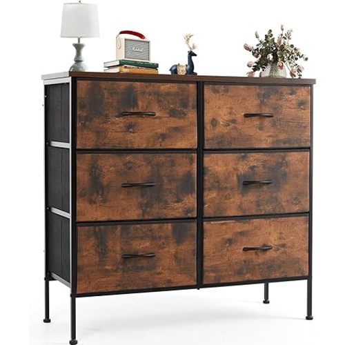 Dresser for Bedroom, 6 Storage Drawers, Anti-Tip Wide Fabric Closet Chests Organizer Tower Furniture with Wooden Top Metal Frame for Clothes, Living Room, Hallway, Entryway