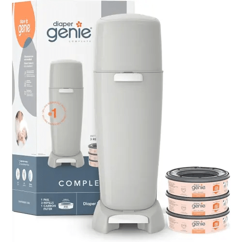 Diaper Genie Complete Diaper Pail (Grey) with Odor Control | Includes 1 Diaper Trash Can, 3 Refill Bags, 1 Carbon Filter, 4 Piece Set