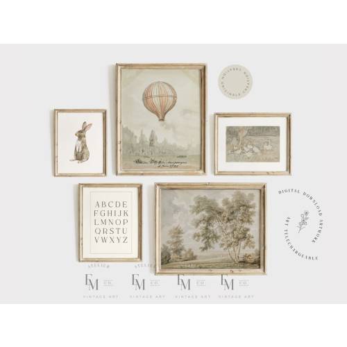 Printable Vintage Gallery Wall Art Set, Set of 5 Vintage Child Prints, Country Paint, Digital Print, Neutral Gender Decor, Digital Download