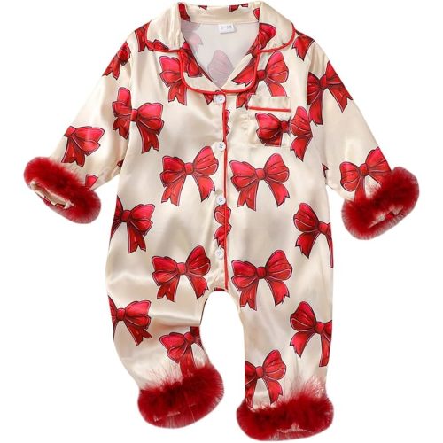 Kavousa Newborn Baby Girl Birthday Satin Pajamas Bow Cake Romper Button Down One-Piece Jumpsuit Sleeper Infant Silk Sleepwear