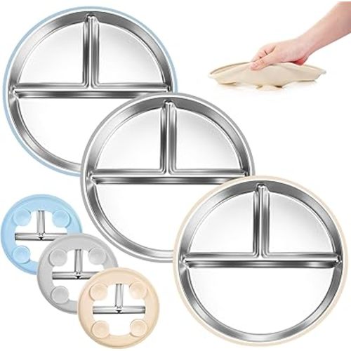 Bella's Friends Stainless Steel Baby Plates with Suction 3 Pack, 9” Divided Toddler Plates with Removable Silicone Sleeves for Mess-Free Feeding, Non-Toxic, Non-Slip, Dishwasher Safe, Blue,Gray,Beige