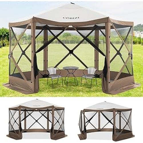 COBIZI 12x12ft Pop up Gazebo Screen Tent Screen House for Camping, Camping Outdoor Screened Gazebo with Mosquito Netting, Portable Hub Tent with Carrying Bag and Ground Stakes, Brown(Upgraded 2.0)
