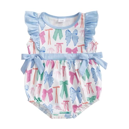 Santikisler Newborn Baby Girl Summer Romper Bow Print Flutter Sleeve Jumpsuit Smocked Bodysuit Outfit